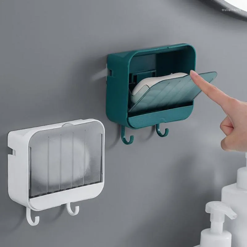 Porte-savon boîtes de rangement de vaisselle boîte murale suspendue sans poinçon support de salle de bain de toilette avec couvercle savons ménagers