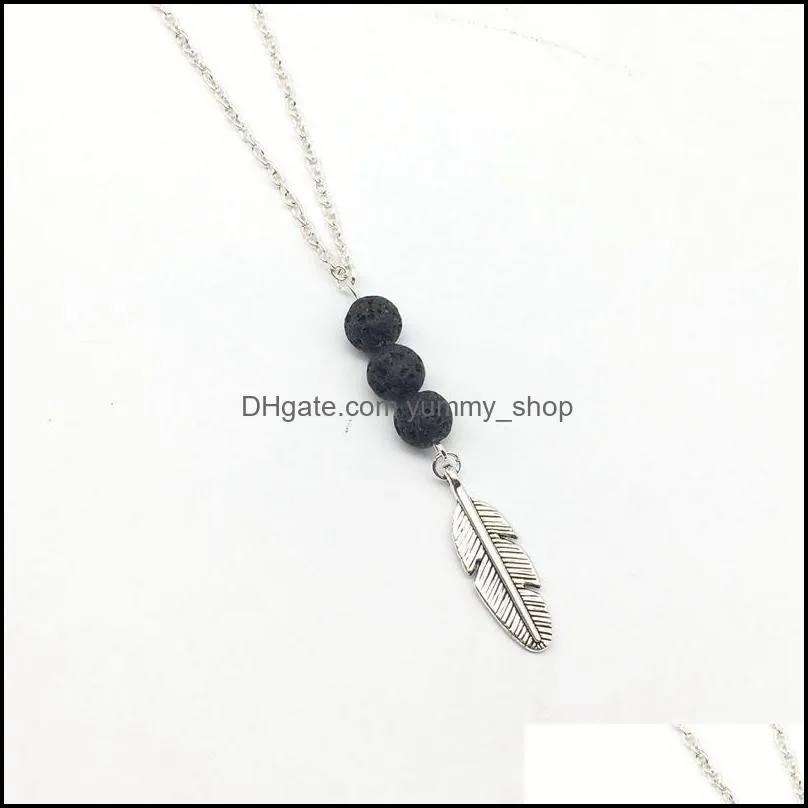 Pendentif Colliers Pierre De Lave Noire Plume Pendentif Collier Aromathérapie Huile Essentielle Par Diffuseur Colliers Pour Femmes Bijoux Drop Dhhsv