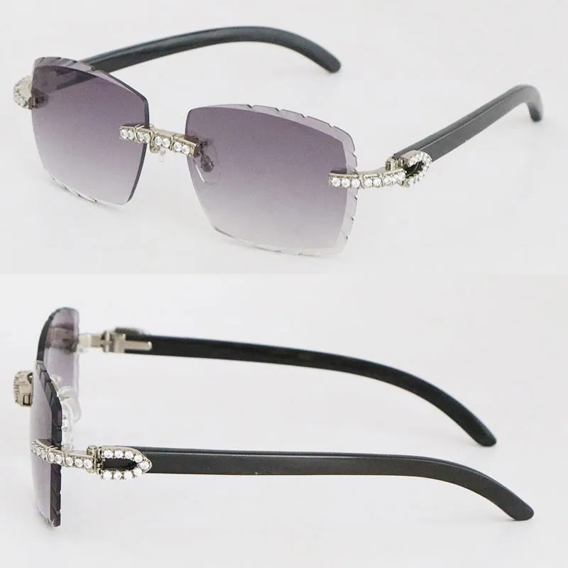 Grossist original svart buffelhorn båglösa solglasögon 2,6 karat diamantuppsättning glasögon damer män Berömda diamantslipade linser fyrkantiga glasögon man och kvinna