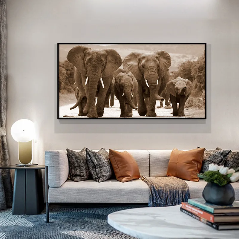 アフリカゾウ野生動物キャンバスアートランドスケープ絵画ポスターとプリントリビングルームの装飾のためのクアドロスウォールアート画像