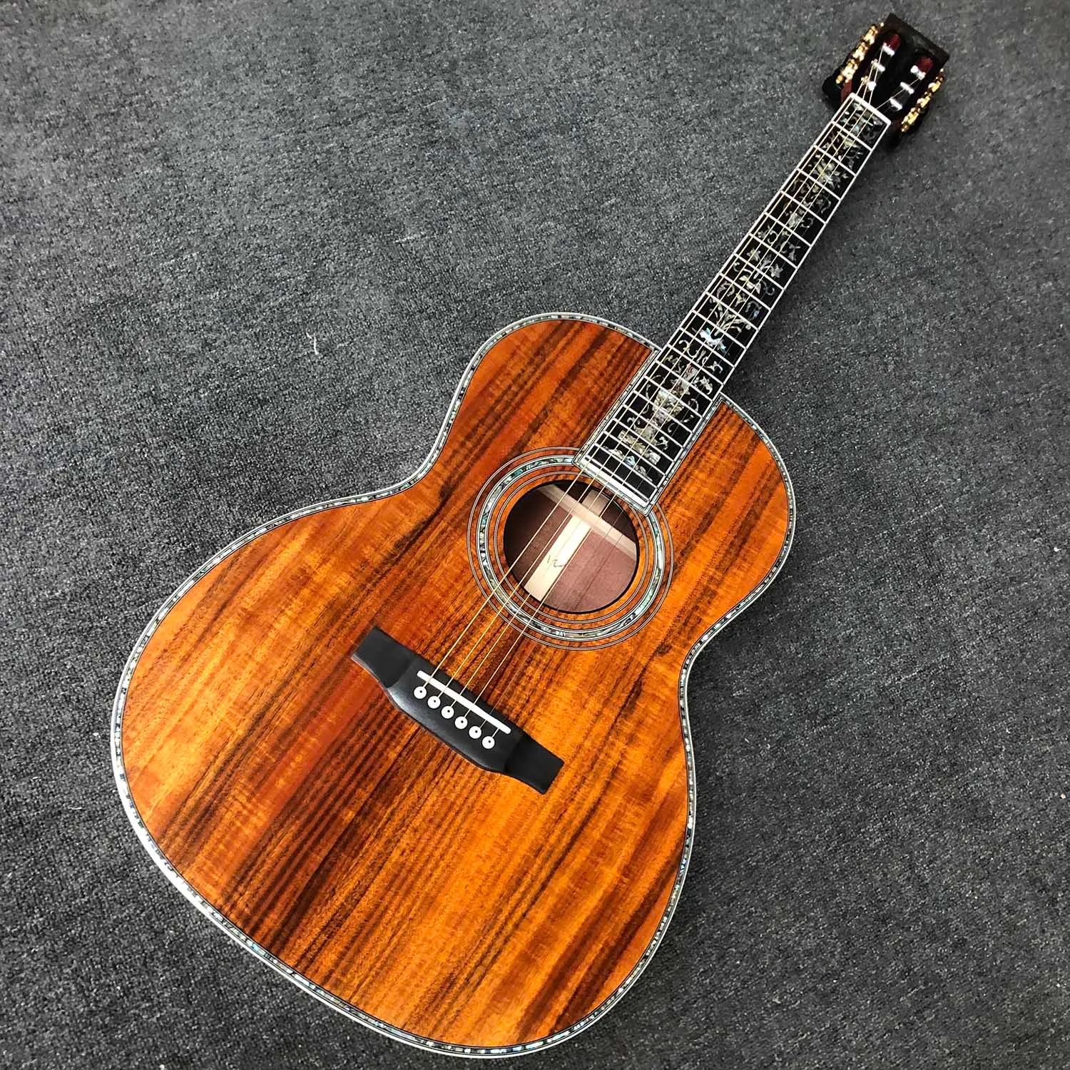 Guitare acoustique à corps rond personnalisée, 39 pouces, Ooo, bois de Koa massif, reliure d'ormeau, incrustation d'arbre de vie, parapluie, Logo, largeur d'écrou 45mm