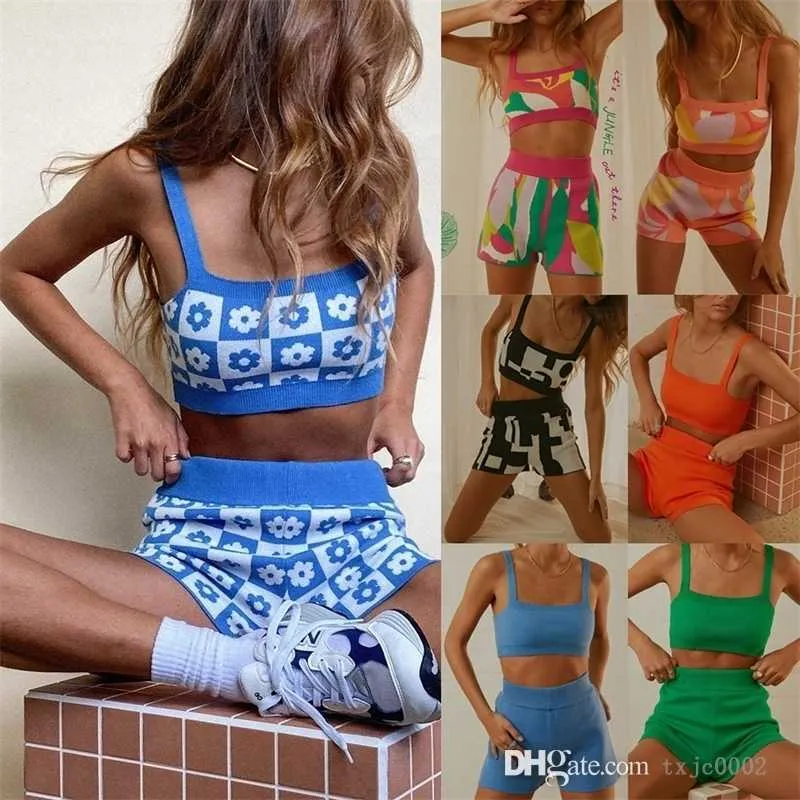 Chándales de mujer de primavera y verano, conjunto de dos piezas de punto, camiseta sin mangas corta Sexy, pantalones cortos, trajes de Yoga