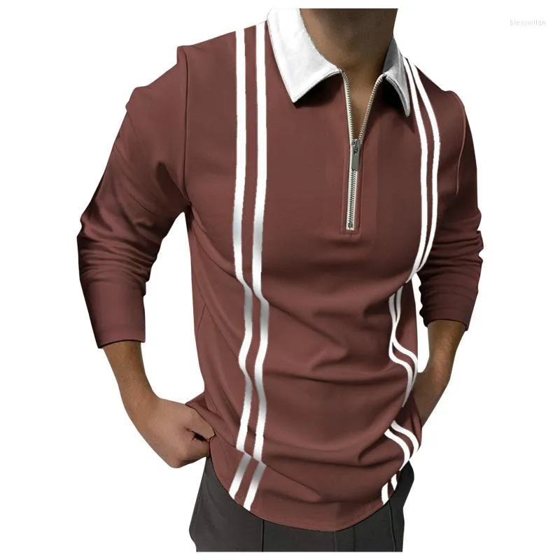 Herren Polos Herren Casual Top Hemd Spleißstreifen Reißverschluss Umlegekragen Bluse Langarm Tasche Schwarze Hemden Herren