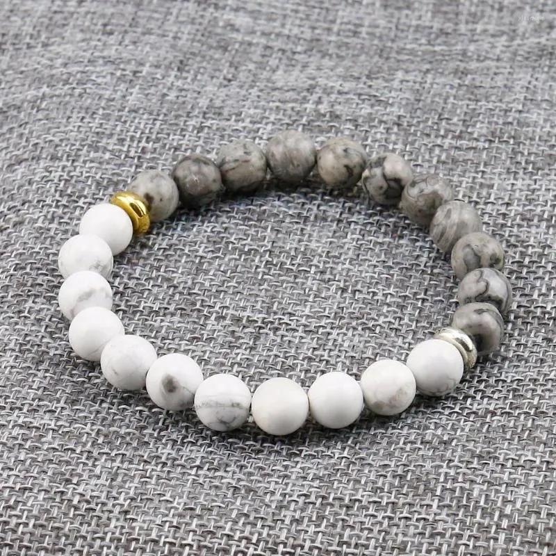 Strand Natural Stone White Howlite Marble con braccialetto di perline grigie per uomo Fashion Personality Elastic Charm