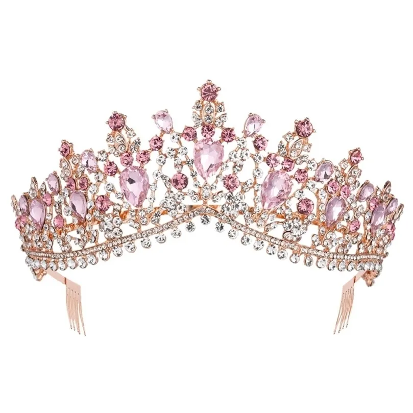 Wedding Hair Jewelry Barok Rose Gold Pink Crystal Bridal Tiara Crown z grzebieniami konkursów producentem akcesoria opaski na głowę 220831