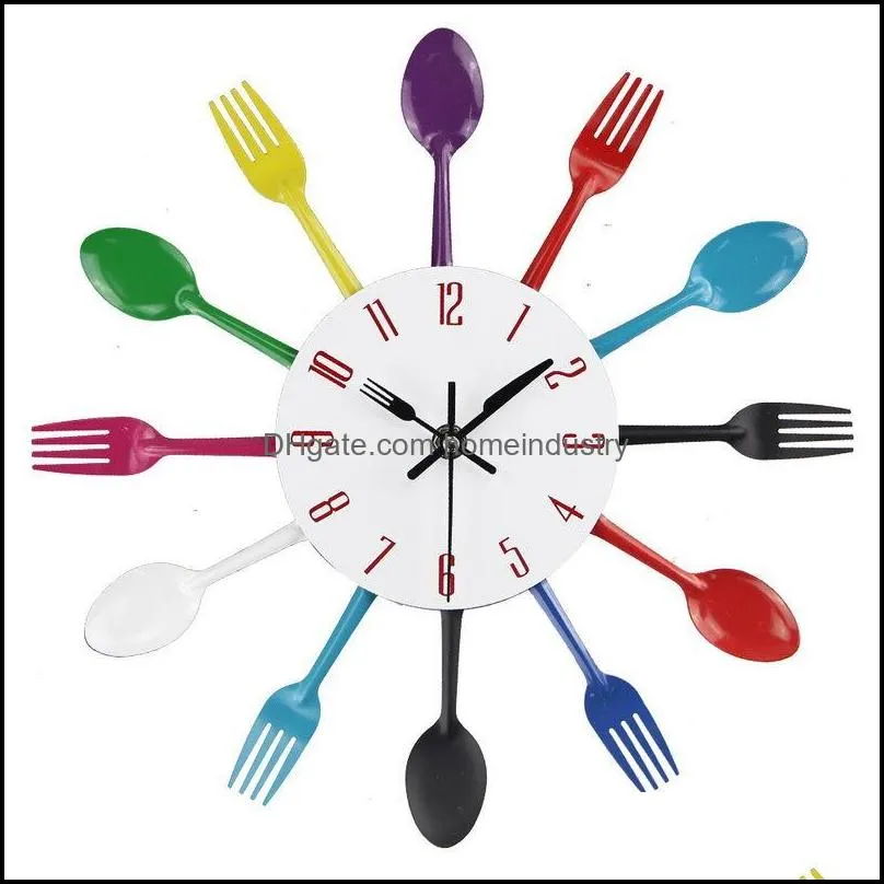 Horloges murales Horloges murales moderne Sier vaisselle cuisine 3D bricolage horloge numérique cuillère fourchette cristal miroir autocollant salon décoration de la maison Dhcxf