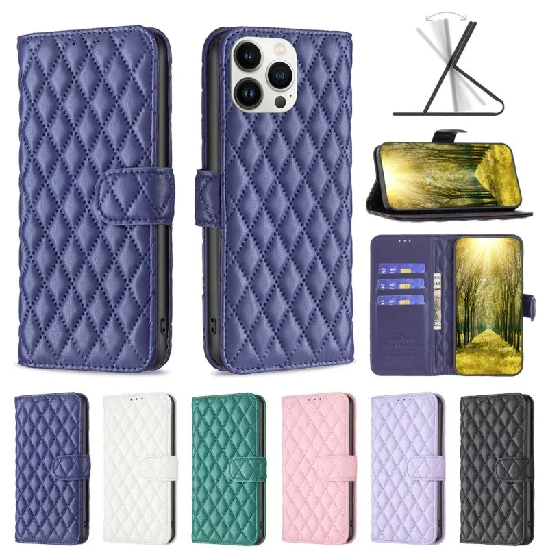 Lambskin Lattice Pu Leather Cases Slot Slot Slot for iPhone 14 13 12 11 Pro Max XR XS 8 Samsung S20 Fe S21 Plus S22 Ultra A13 A23 A33 A53 A73 A12 A22 A32 A42 A52 A72 A03S