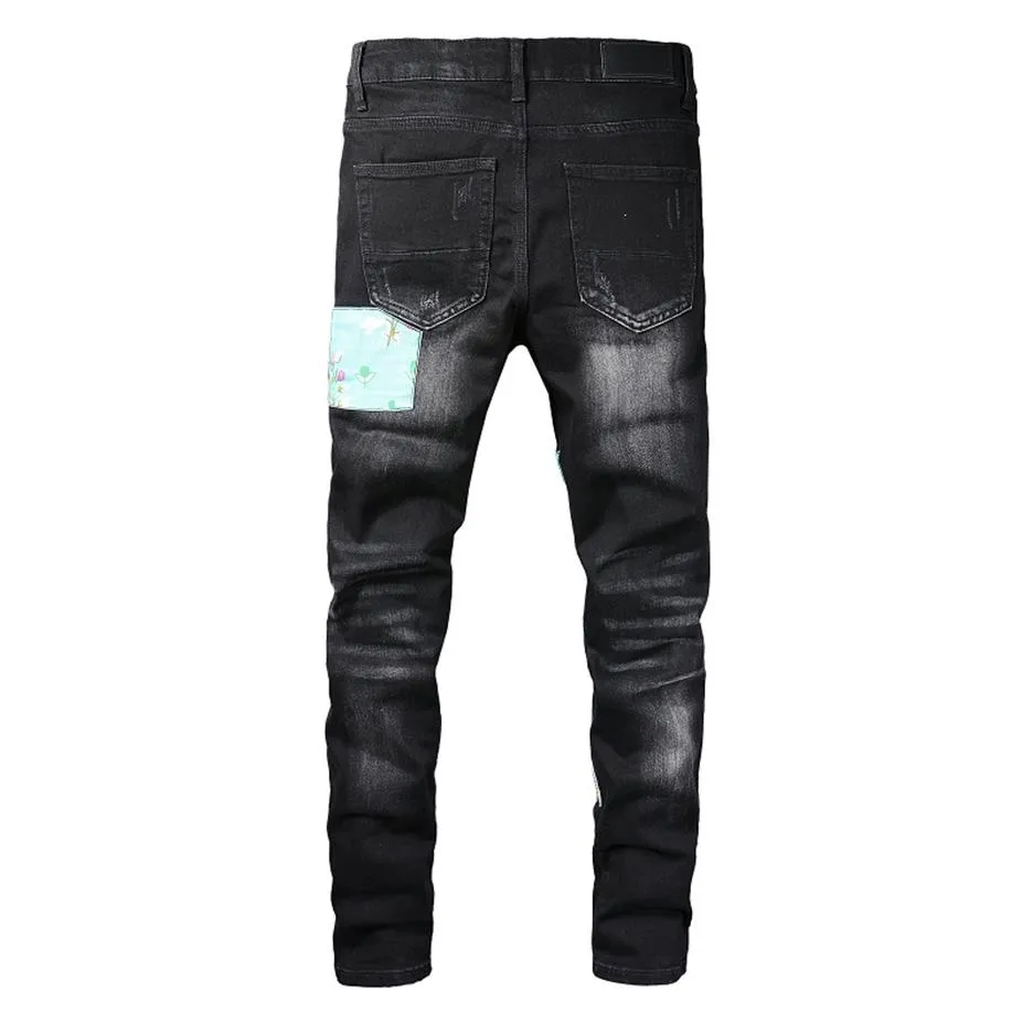 하이 스트리트 트렌드 청바지 청년 남성의 높은 공예 찢어진 패치 컬러 라인 스트레치 슬림 핏 Jeans268w