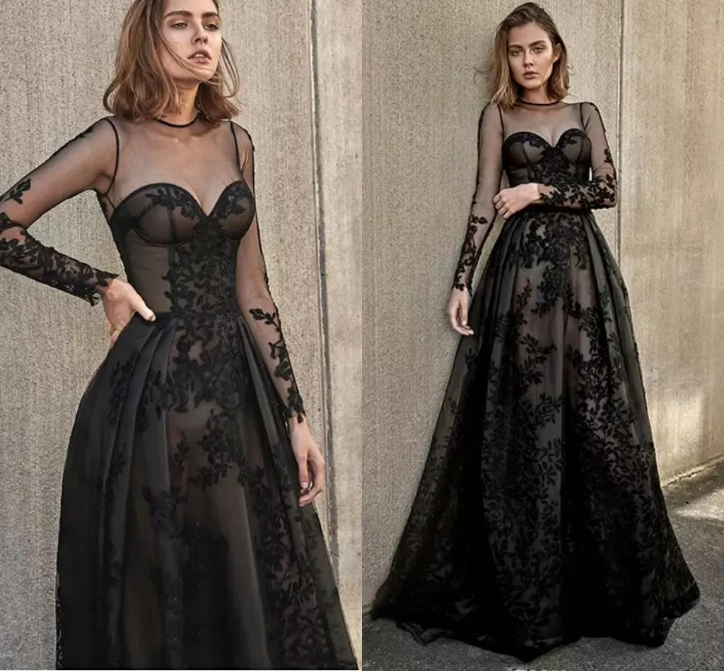 Black Gothic Wedding Dress Illusion Lace Sheer Long Sleeves, Floor ...