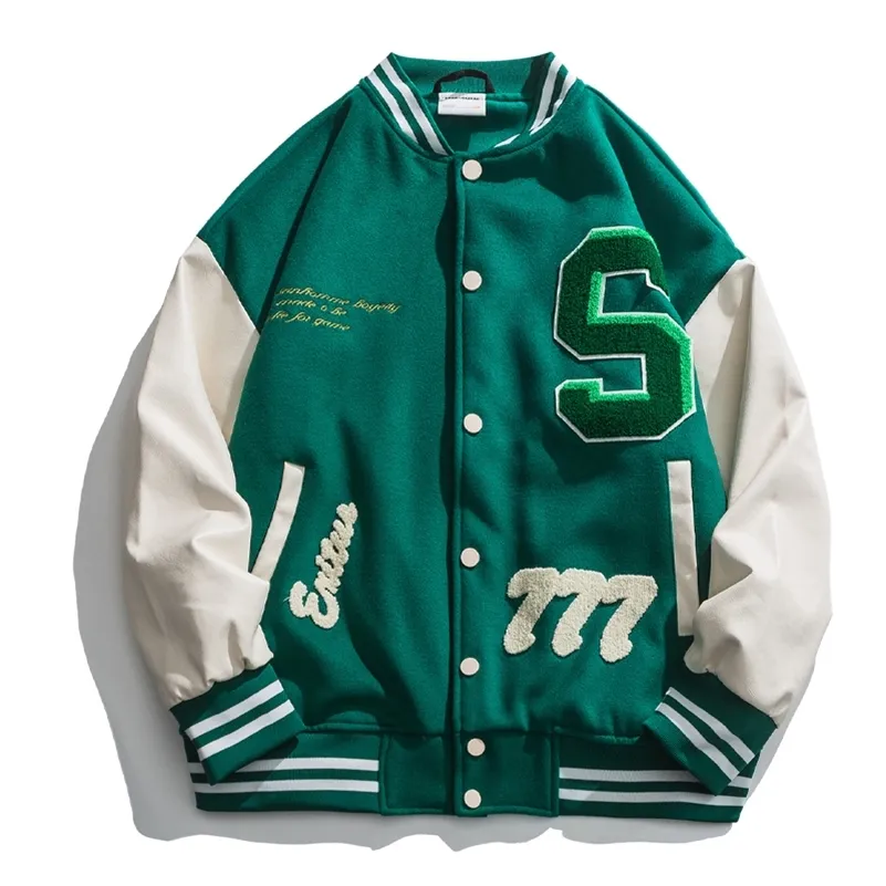 Men's Jackets High Street Baseball Jacket Men PU Leather Splice Towel Embroidery Varsity Jackets Vintage Loose Causal Coat Couple Green Jacket 220831