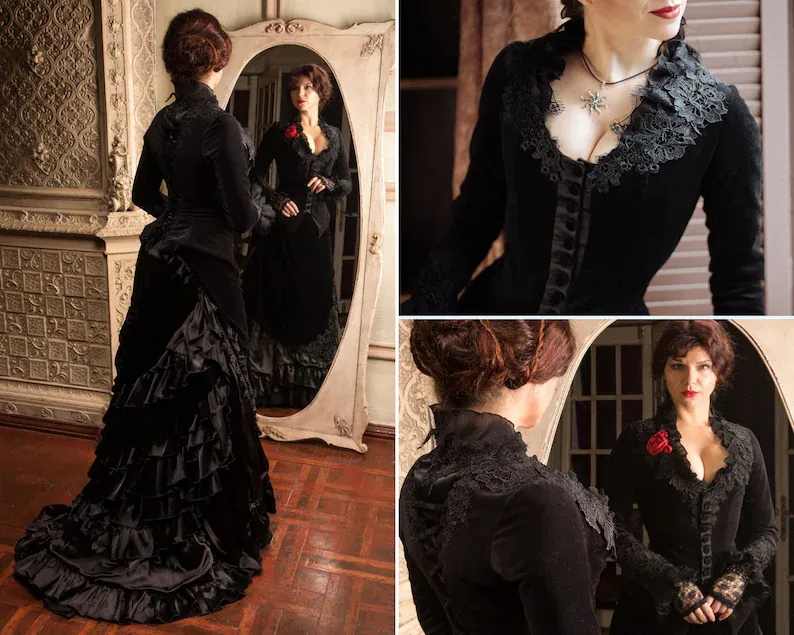 Gotische Zwarte Victoriaanse Trouwjurk Lange Mouw Vintage Historische Kostuum Fluwelen Bruidsjurken Kant Applicaties Jas en Bustle Rok Crimson Peak Gilded Age