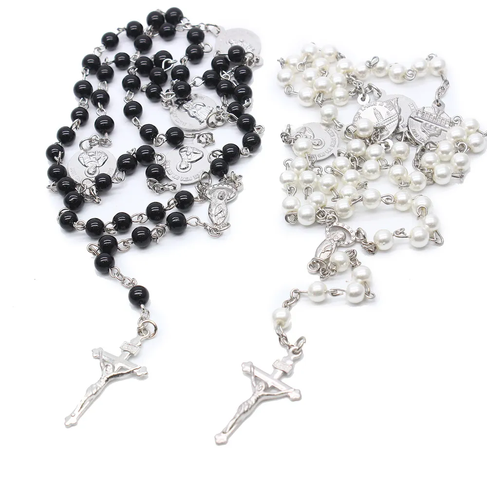 Vintage Rosary Beads Cross Necklace Pendants Fashion Round Crystal Bead Catholic Religious Necklace Jewelry Gift