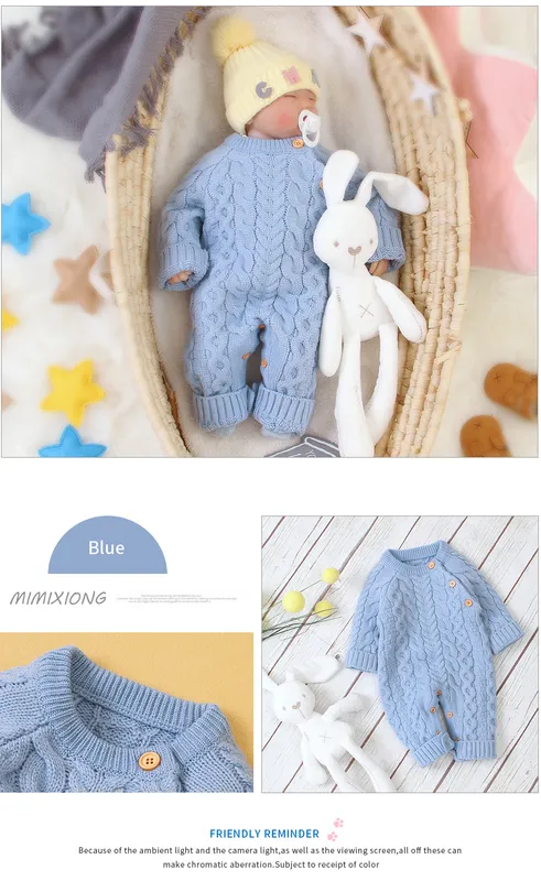 Newborn Baby Knit Romper Newborn Long Sleeve Jumpsuit + Hat , Color - Blue