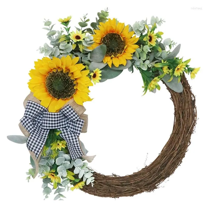 Fleurs décoratives couronne de tournesol artificielle avec feuille d'eucalyptus pour la porte de porte d'entrée de la fenêtre de paroi de mariage.