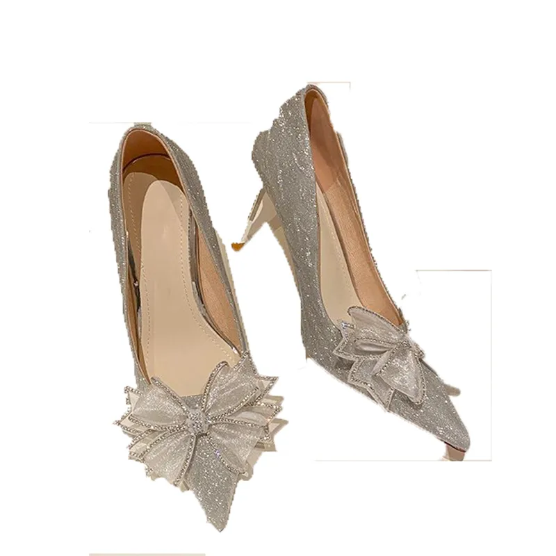 New Wedding Shoe Women Stiletto Bow Rhinestone Crystal Bridesmaid Pointed Toe