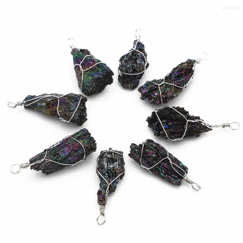 Anhänger Halsketten 8 stücke Natürliche Stein Männer Retro Rohen Edelstein Anhänger Galvanik Schwarz Turmalin Reiki Healing Kristalle DIY Schmuck Machen