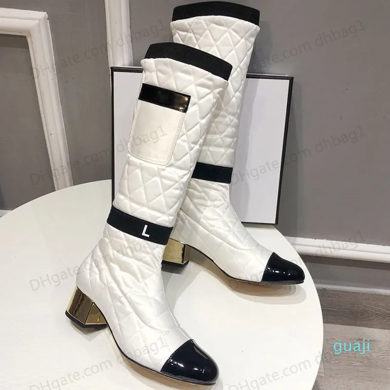 Elastische Seiden Womens Knie High Stiefel Chunky Heel 5cm Slip auf Röhrenhöhe 36 cm berühmte Designer Mode -Schnee -Stiefel Luxusmarken Casual Schuhe Schwarz Weiß
