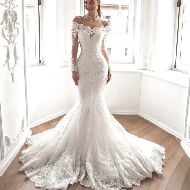 Seksowna sukienka ślubna Białe koronkowe aplikacje sukienka ślubna z ramion długie rękawy tiul syrena długość podłogi na zamówienie
