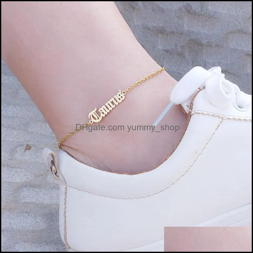 Anklets Zodiac Sign Punk Charm Anklets 12 Constellation Letter Ankel Armband Rostfritt st￥l smycken Kvinnor g￥va droppleverans 2021 DH DHDON