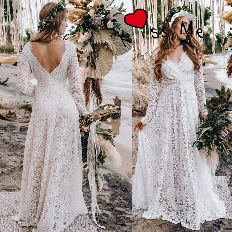 Vintage Full Lace A Line Suknie ślubne długie rękawy Hippie Zachodnia Kowarnia Cowgirl Bohemian Bride Suknie