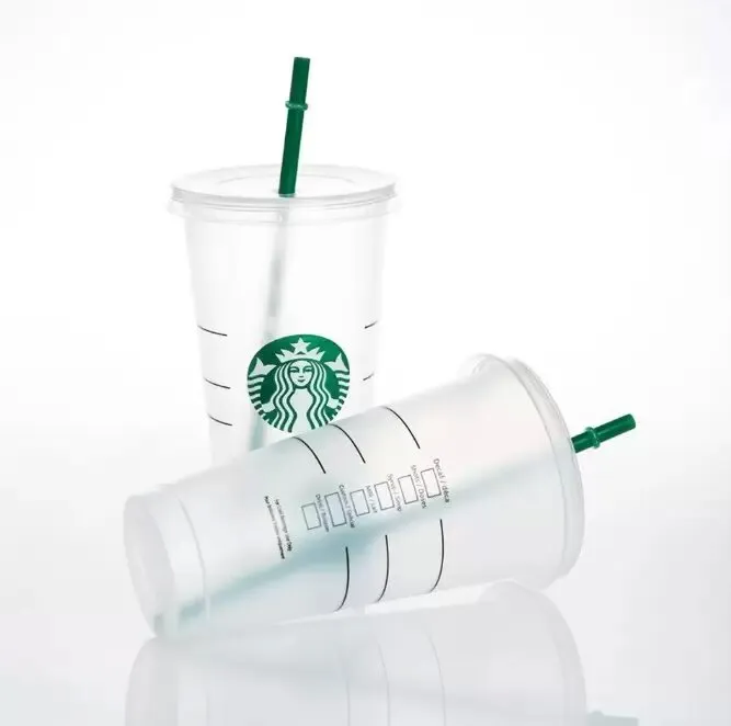 Starbucks 24oz/710ml Plastic Mugs Tumbler Reusable Clear Black Drinking Flat Bottom Pillar Shape Lid Straw Cups Bardian