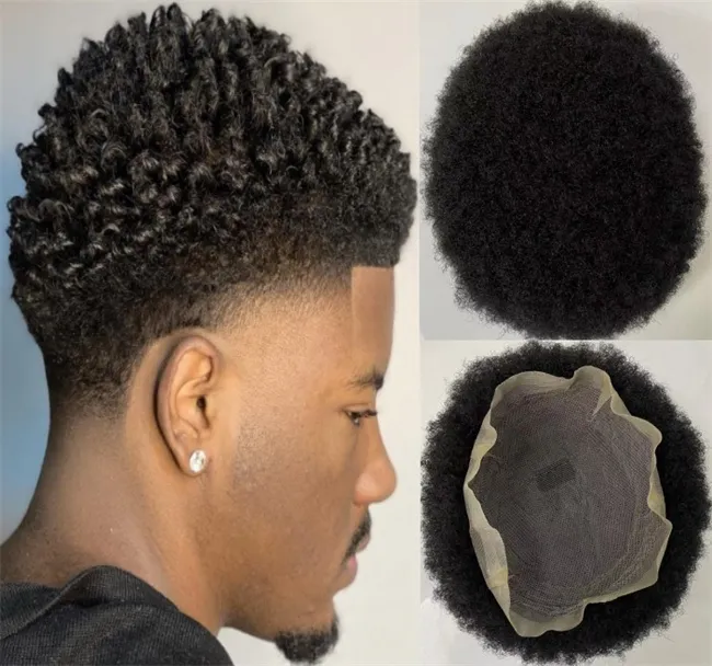 Remplacement de cheveux humains vierges indiens Afro-Américains 4mm Afro Kinky Curl Full Lace Toupee pour hommes noirs Livraison rapide