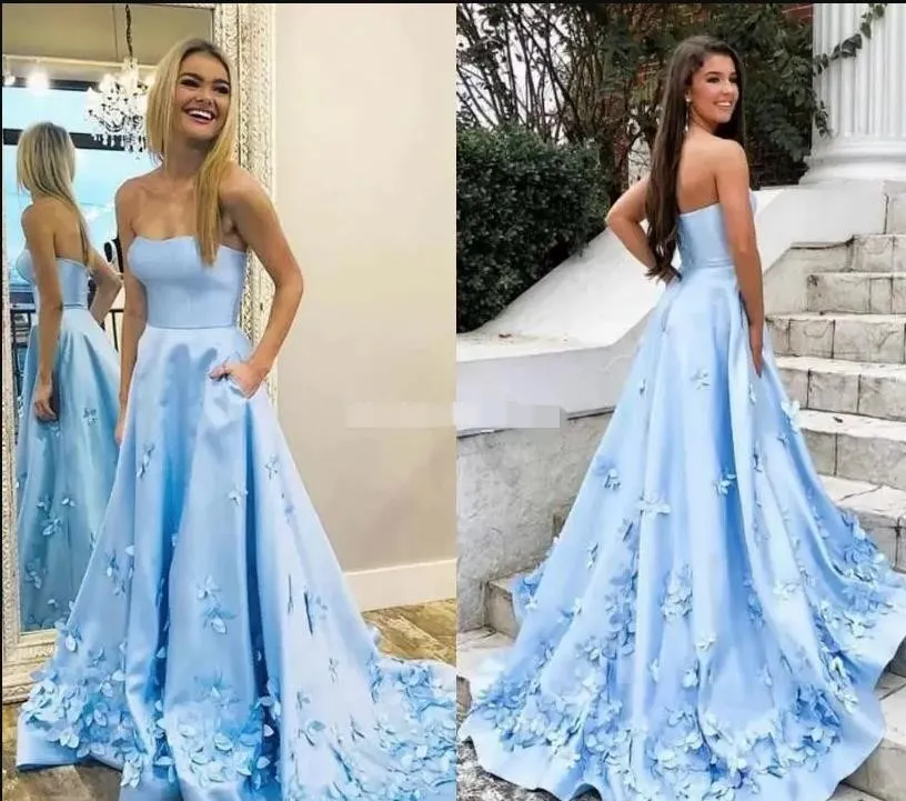 Robes de bal bleu ciel sans bretelles chic avec poches appliques papillon robes de soirée de remise des diplômes avec poches robe de soirée de bal en satin