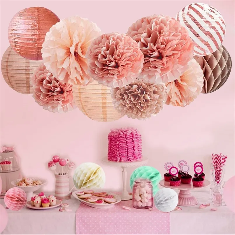 Decoração de festa 11pcs papel misto pom lanterns honeycomb bola pendurada poms bronzing rodando para aniversário 220901