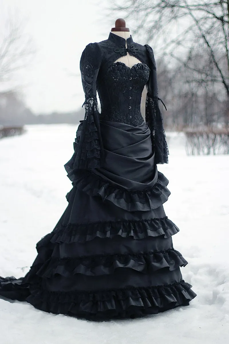 Vintage Victorian Wedding Dress Black Bustle Historical Medieval Gothic Bridal Gowns High Neck Long Sleeves Corset Winter Cosplay Masquerade Dresses 2022