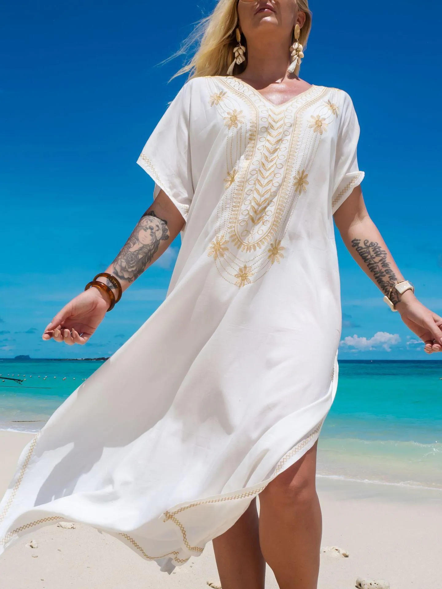 100 bomullsbaddräkt Material Summer Beach Dress for Women White Split Kaffan