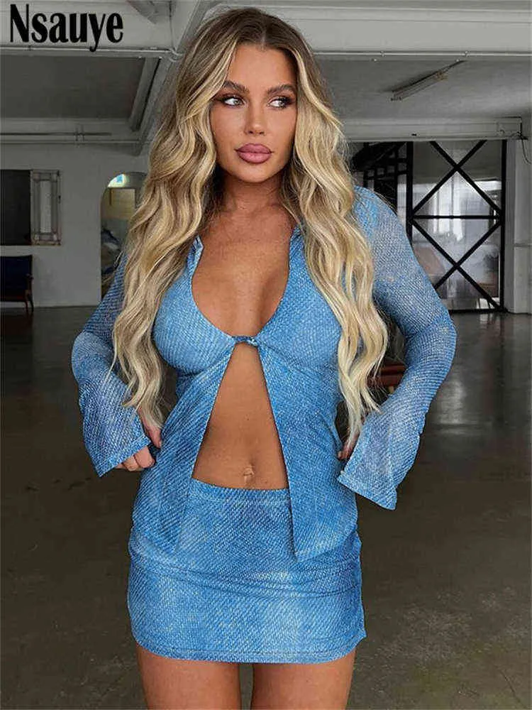 Tracksuits voor dames nsauye outfit festival vrouwen sexy vesten t -shirt knop crop top 2022 en hoge taille mini wrap club y2k rok tweedelige set t220827