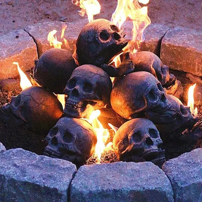 Party Decoration Halloween Spis Barbecue Simulation Skull Props Horror Ceramic Ornaments Wood Fire Pit Pise Burning 220901