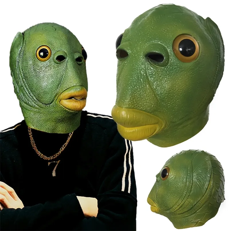 Masques de fête adulte drôle moche vert poisson couvre-chef Latex Cosplay Halloween Alien masque horreur parodie fournitures 220901