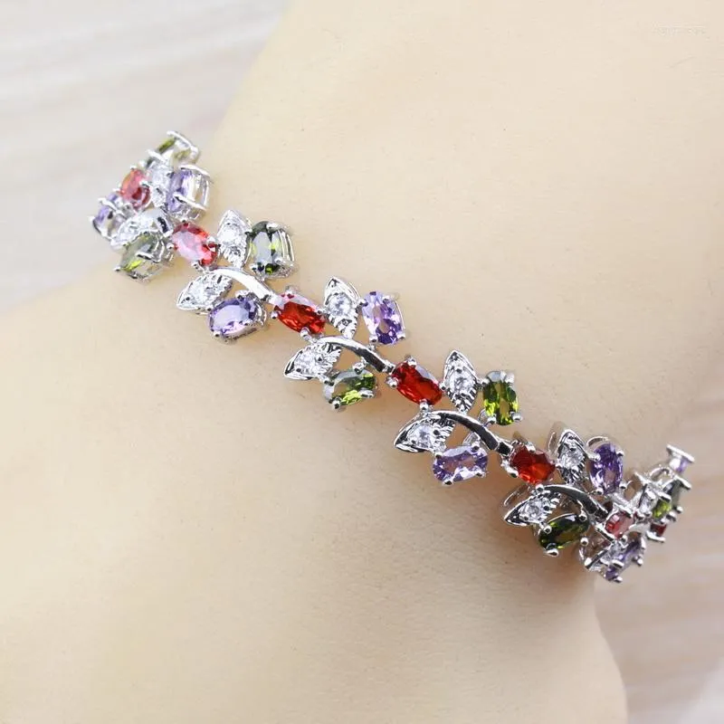 Link Bracelets Awesome Colorful Colorful Multi-Color Gems Silver Color Bracelet Health Fashion Jewelry for Women Free Box Sl58