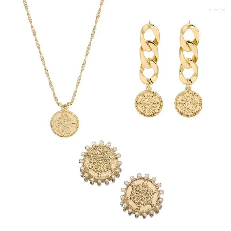 Baumelnde Ohrringe Mode geschnitzte Münze Tropfen für Frauen Goldfarbe lange Kette Statement Runde Boho Schmuck Brincos