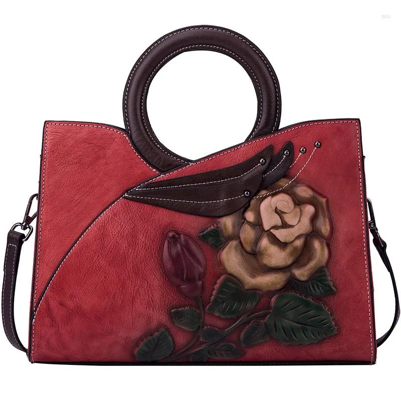 الأكياس المسائية التصميم الأصلي حقيبة جلدية حقيقية للنساء أزياء زهرة طباعة حقائب يد حقيقية