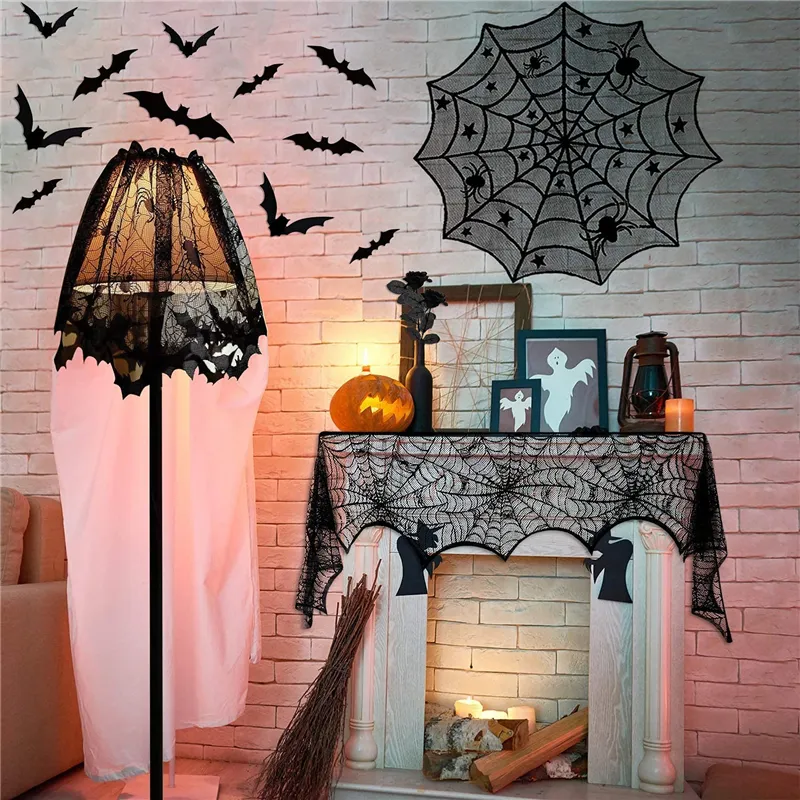 Party Decoration Halloween TableCloth Spider Web Bat Sticker Black Lace Table Runners Decorations Spooky Home Ornament Event Supply 220901