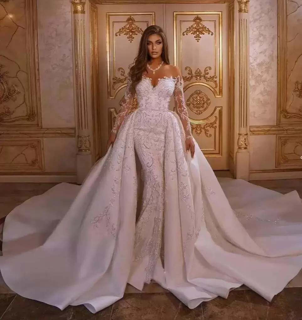 Mermaid Wedding Dresses 2023 Luxury with Detachable Skirt Appliqued Arabic Trumpet Bridal Gowns Long Sleeves Bohemian Robe De BC12776 GC0901