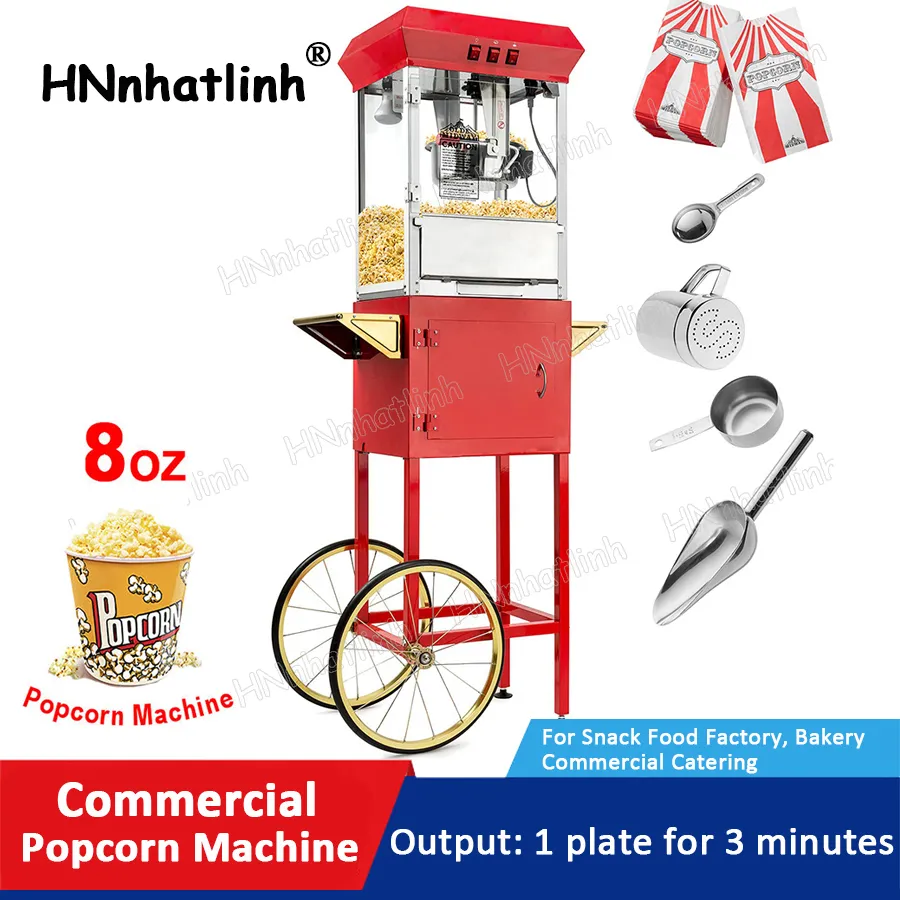 Matbearbetningsutrustning Cinema Commercial Electric Grade Pop Corn Maker Movie Time Red Popcorn Popper 8 oz Free Floor Standing Popcorn Machine med vagn