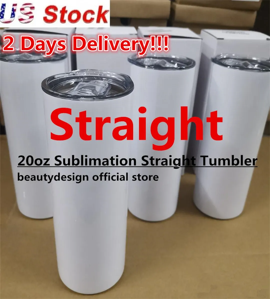 US Stock 20oz White Sublimation Mugs Straight Tumbler Blanks Double 304 Mug with Straw Stainless Steel Vacuum Cup Water Bottle dhl Fat Delivery