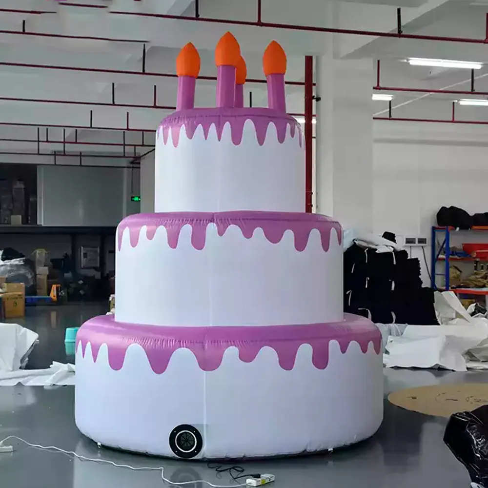 Inflatable Birthday Cake Model Customized White Large Happy With LED Lights For Party Decoration