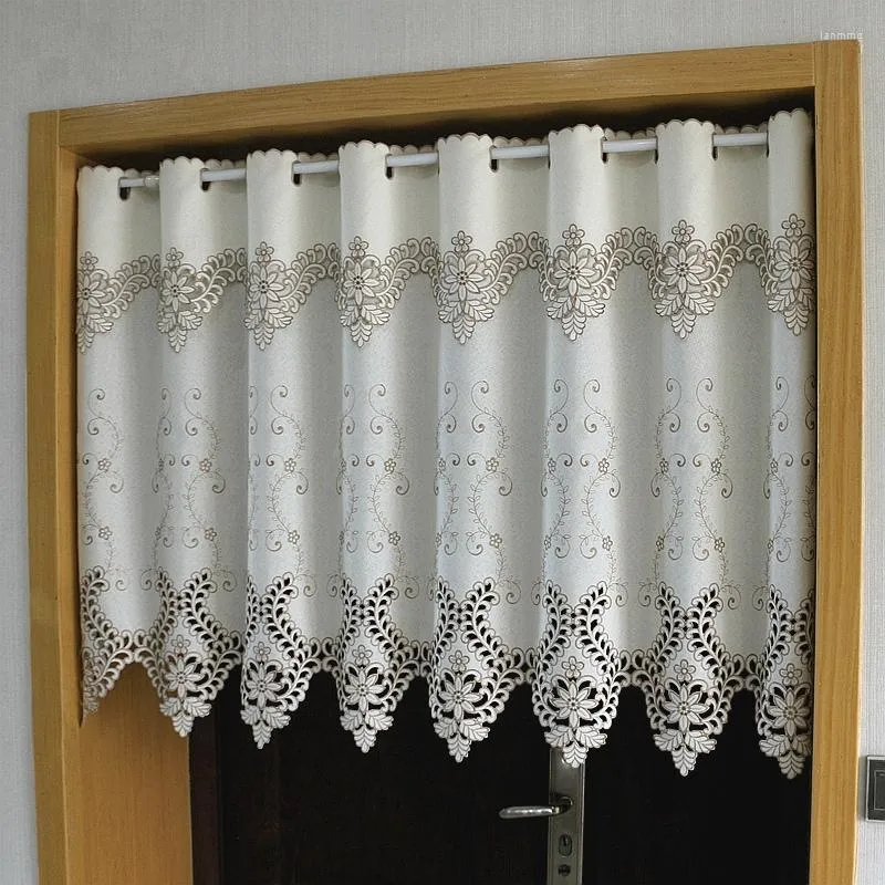 Cortina de estilo Rural, media cortina para puerta de armario de cocina, bordado de hojas y flores, dobladillo bordado opaco