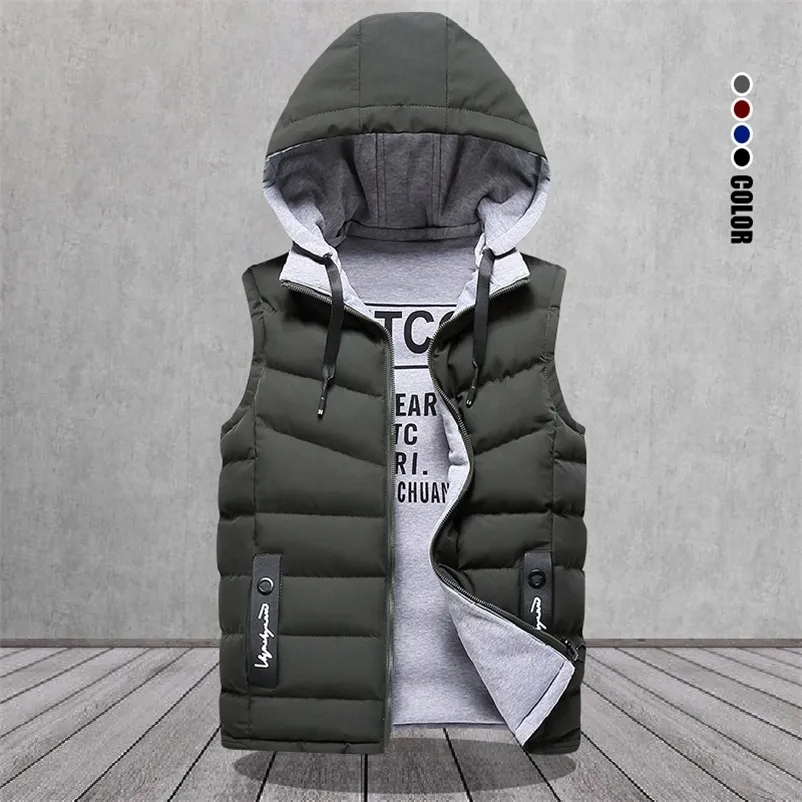 Men's Vests Brand Men's Vest Winter Sleeveless Jackets Down Vest Men Hooded Warm Casual Outwear Hat Detachable Outer Vest Chalecos 220901