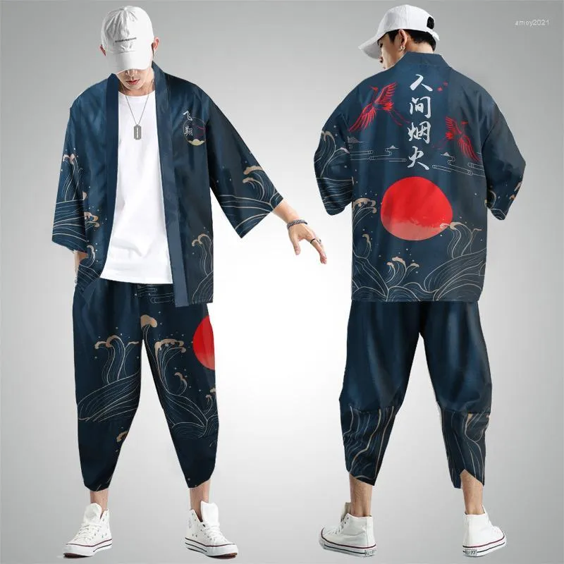Men's Tracksuits Samurai Men Tradicional Homem Kimono Anime Cardigan e calças Cardigã de estampa de sol chinês