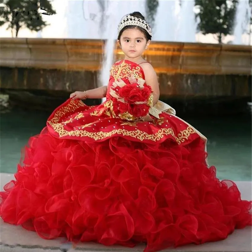 روعة الفتيات الحمراء الفتيات الفساتين الثياب الكشكشة زهرة الفتاة لباس لحفلات الزفاف أطفال الأميرة عيد ميلاد كرات