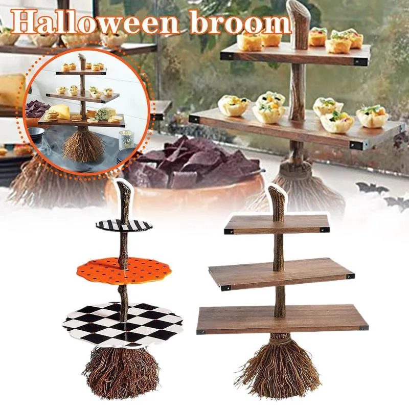 Décoration de fête Halloween créatif sorcière balai Snack plateau panier 3 niveaux serveur bois bol support Dessert pain assiettes 220901