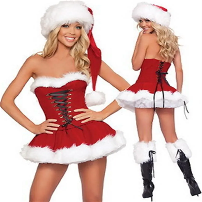 여자의 섹시한 산타 부인 클로스 의상 성인 크리스마스 휴가 공상 드레스 모자 세트 크리스마스 의상 섹시 와이프 가슴 빨간색 cos326u