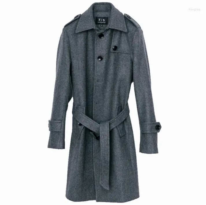 Men's Wool Men's & Blends Grey Casual Woolen Coat Men Trench Coats Belt Winter Warm Long Sleeves Overcoat Mens Cashmere Casaco