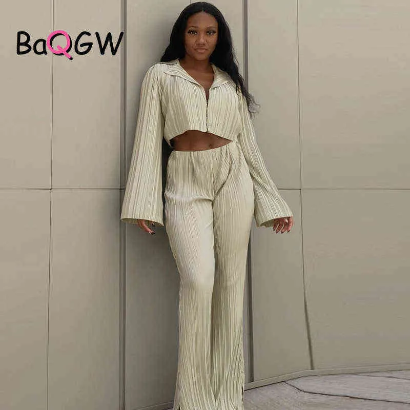 Femininos de tracksuits Baqgw Botões listrados com nervuras Flare Sleeves Crop Crop Crop e Slit Flare Pants Duas peças definidas para mulheres Autumn streetwear