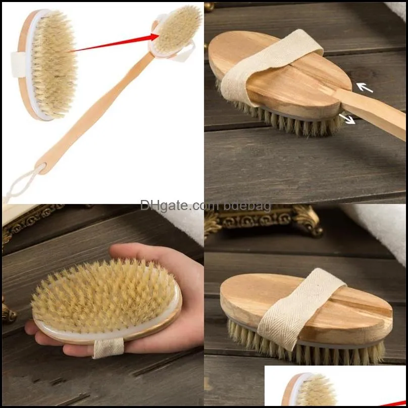 Bath Brushes Sponges Scrubbers Woody Long Handle Bath Brushe Wood Color Detachable Back Rub Tools Bristles Cleaning Brush Bathroom Dhpxc